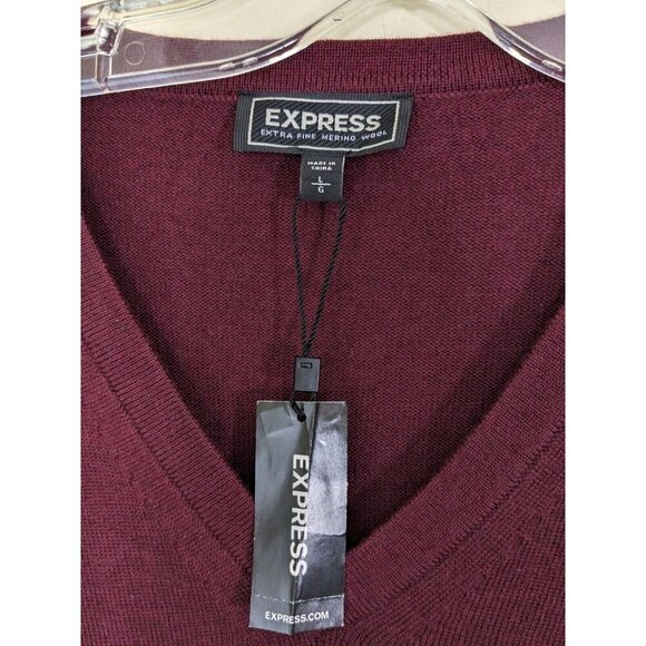 Express Extra Fine Merino Wool NEW V Neck Sweater Mens L Burgundy Pullover Knit - Picture 3 of 5